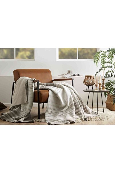 Özdilek pătură bumbac Pompon cu dungi pentru două persoane Bej