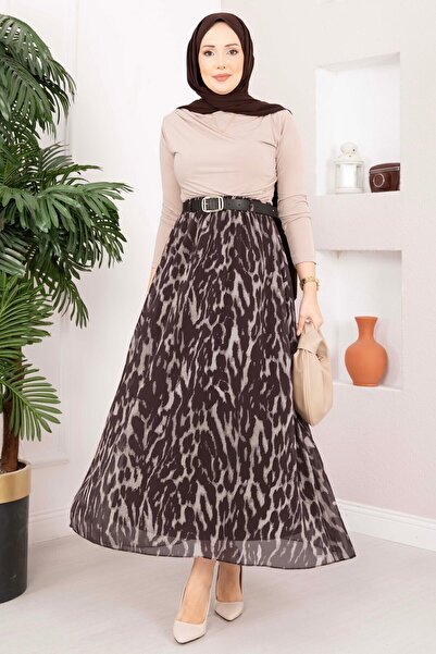 UMS Leopard Printed Belt Piece Chiffon Skirt Brown