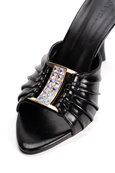 DYG STORE Black Women's Evening Slippers with Stone-Backed Buckles