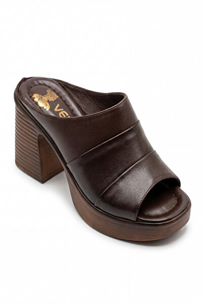 Venüs Kadın Hakiki Deri Topuklu Kahve Terlik vs657