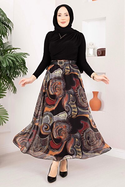 UMS Authentic Pattern Belt Piece Chiffon Skirt Khaki