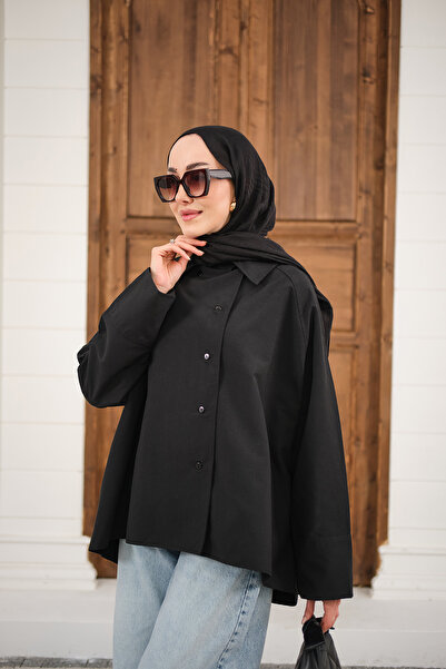 LOCCO Γυναικεία κοντή καμπαρντίνα με Γιακάς πουκαμίσου κουμπιά, σε μαύρο χρώμα