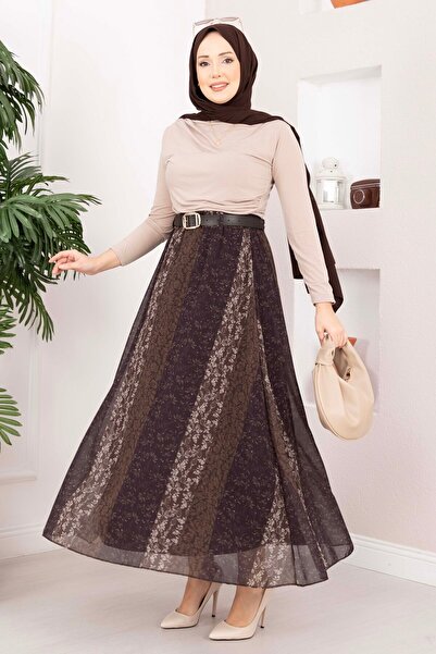 UMS Mini Floral Patterned Chiffon Skirt Brown