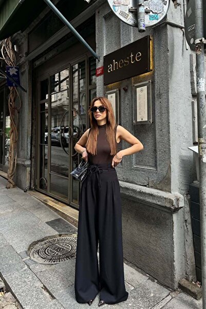 MyLoore Women's Black High Waist Belted Wide-Leg Palazzo Pants Mlb145