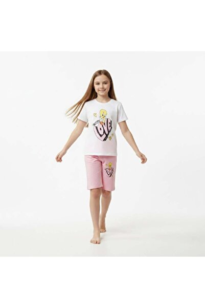 levanapajamas Girls' Tweety Looney Tunes Pajamas - White T-shirt and Comforta...