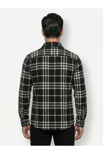 İMAJ MAĞAZACILIK Premium Men's Black White Plaid Patterned Slim Fit Lumberjack Shirt