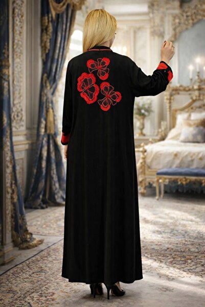 Yeşilmoda Women's Crepe Fabric Long Two-Piece Set Black Top Cap & Red Dress H...