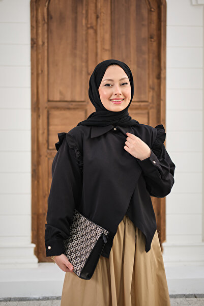 LOCCO Γυναικείο πουκάμισο με λεπτομέρεια καρφίτσας στον ώμο Με σούρες Μαύρο