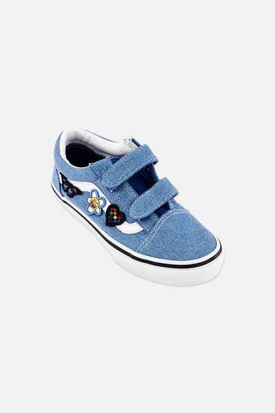 Vans حذاء دنيم أزرق للبنات من ماركة أولد سكول، مزود بإغلاق فيلكرو.