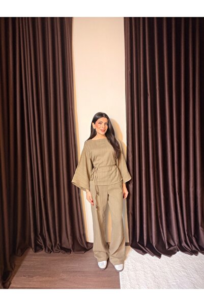 LOISY Γυναικείο σετ oversized κιμονό με μανίκια, Με δέσιμο μπλούζα & Φαρδιά μ...