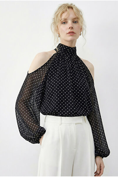 Bianco Lucci Women's Polka Dot Pack Open Shoulder Mock Neck Chiffon Blouse 09...