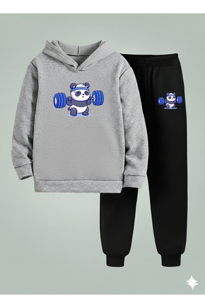 VODEXA Hooded Kids Boys Set Halterci̇ Panda 3 İplik Şa Brushed Inside Weatshi...