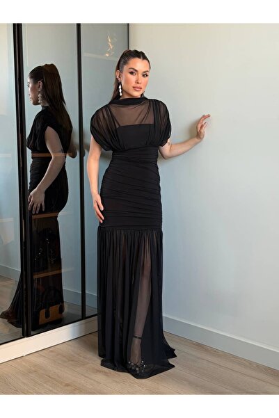 ROUPAS COLLECTİON Transparan Tül Detay Uzun Elbise