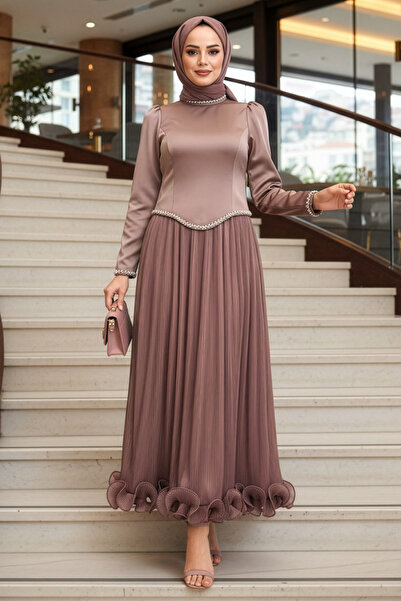 N.S NEVA STYLE Βραδινό φόρεμα χιτζάμπ σε σκούρο βιζόν με λεπτομέρειες από χάν...