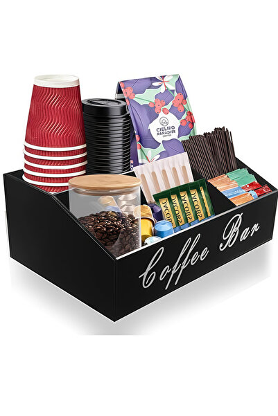 Bayt Aura منظم قهوة خشبي أسود Coffee Bar | رف تخزين أكواب وكبسولات ومستلزمات ...