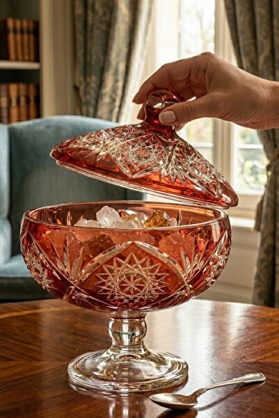 DECOSTYLE Kristal Dekorlu Kapaklı Ayaklı Şekerlik – Renkli Cam 2 Parça Sunum ...