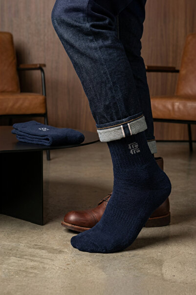 LYKOS 2-Pack Dark Navy Blue Men's Winter Terry Socks - Stylish and Heat-Retai...