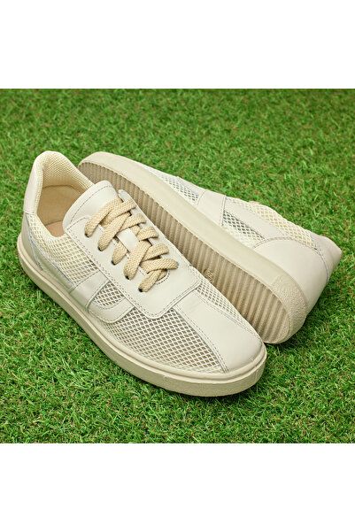 Tellus Women's Beige Genuine Leather Casual Sneakers, Flat Sole, Lace-Up, 0001/3