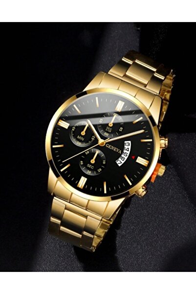 Geneva Men's Elegant Gold Quartz Watch with Metal Bracelet Business Style