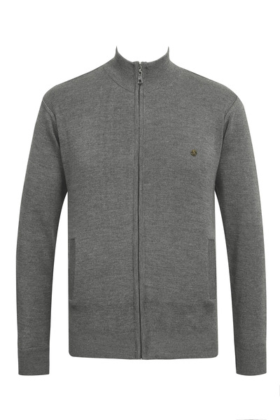 Çizgi Triko Men's Half Turtleneck Pocketed Zipper Gray Cardigan Classic Fit -...