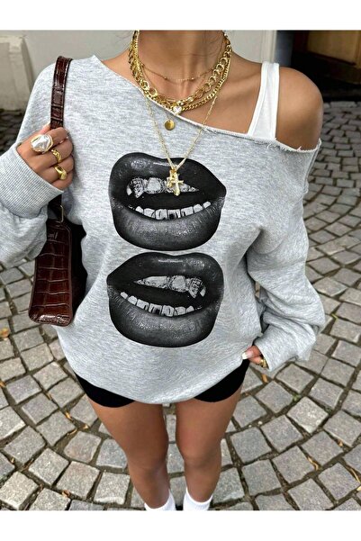 Afri Hanorac gri supradimensionat pentru femei – cu imprimeu Lip Print cu mod...