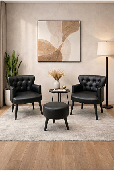 Azra Mobilya Roma 2'li Berjer Koltuk Takımı ve Puf Seti - Ahşap Ayaklı Deri B...