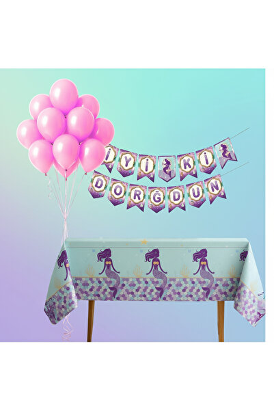 Umamiçe مجموعة حفلات حورية البحر - 10 بالونات وردية + راية + غطاء طاولة