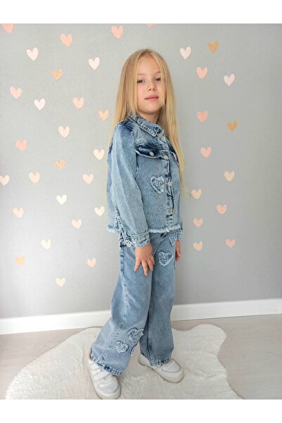 gnygiyim Girl's Heart Detailed Denim Jacket and Trousers Set, Festive, Perfec...
