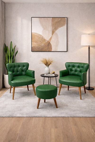 Azra Mobilya Roma 2'li Berjer Koltuk Takımı ve Puf Seti - Ahşap Ayaklı Deri B...