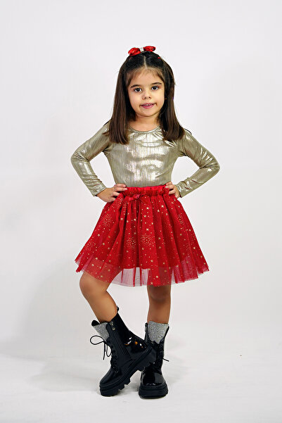 DUCA KIDS Sjajni bodi dugih rukava i set od dve tutu suknje sa zvezdama Štampano