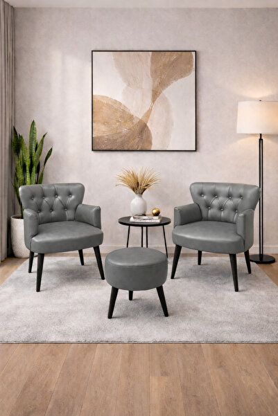 Azra Mobilya Roma 2'li Berjer Koltuk Takımı ve Puf Seti - Ahşap Ayaklı Deri B...