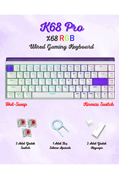 FreeWolf K68 Pro Kablolu Mekanik Oyuncu Klavyesi Hottswapp Red Switch Driverl...