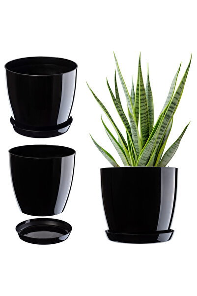 KADAX Ghiveci cu farfurie, capac din plastic, 16 cm, negru lucios, rotund