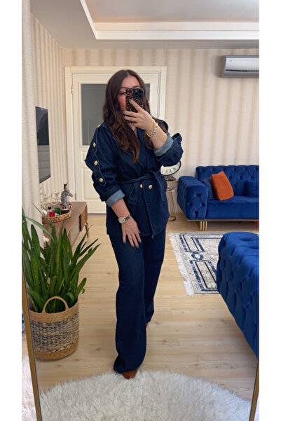 YELS BOUTIQUE Düğme detay kot ceket pantalon takım