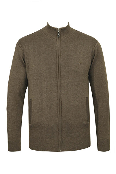 Çizgi Triko Men's Half Turtleneck Pocketed Zippered Mink Cardigan Classic Fit...