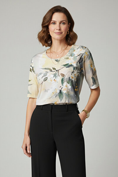 YXL COLLECTION Women's Large Size Stretch Fabric Biscuit Neck Floral Print Fo...