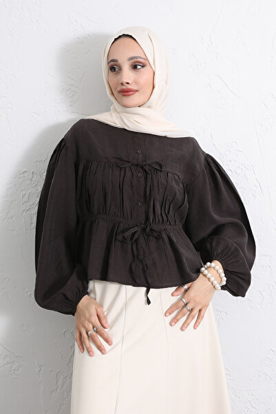 Salih Çelebi Double Laced Ruched Shirt Y0099 - Dark Brown