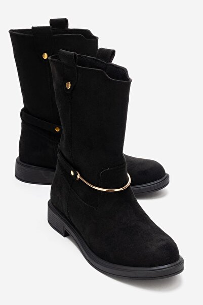 Lizy Shoes حذاء نسائي أسود جلد سويدي جولد تفاصيل سلسلة بيكير - حذاء قصير أنيق...