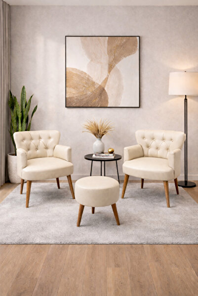 Azra Mobilya Roma 2'li Berjer Koltuk Takımı ve Puf Seti - Ahşap Ayaklı Deri B...