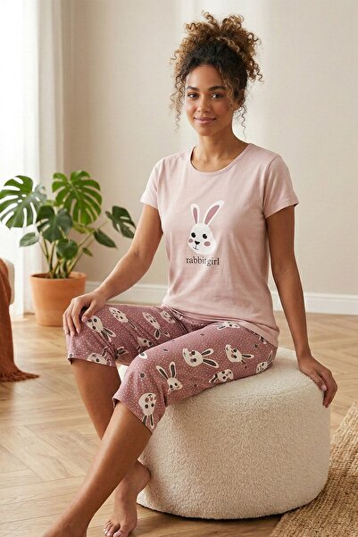 Niket Life Γυναικείο Σετ Πιτζάμες Rabbit Girl Sloganized Crew Neck Short Slee...