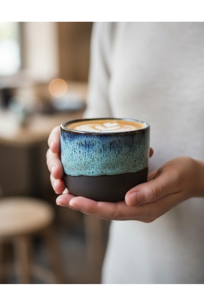 Nart El Yapımı Stoneware Kulpsuz Kupa 220 ml - Mat Siyah & Akdeniz Mavisi