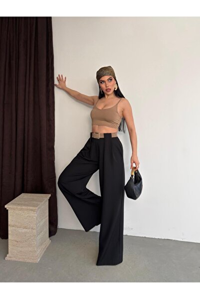 ParlaMira Women's Black Belt Detail High Waist Palazzo Fabric Trousers