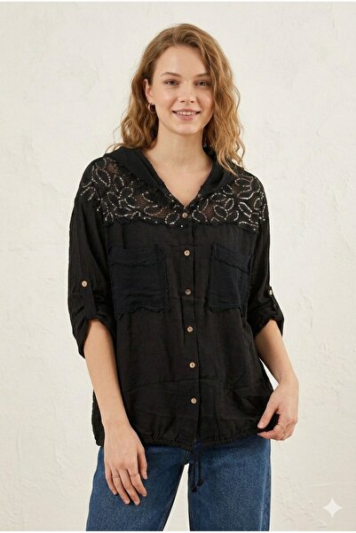 della moor Women's Black Italian K Hooded Foldable Sleeve O Oversized K Linen...