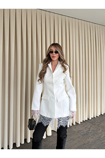 Laluvia White Skirt Cuff Jacket with Lace Cuffs - 2861