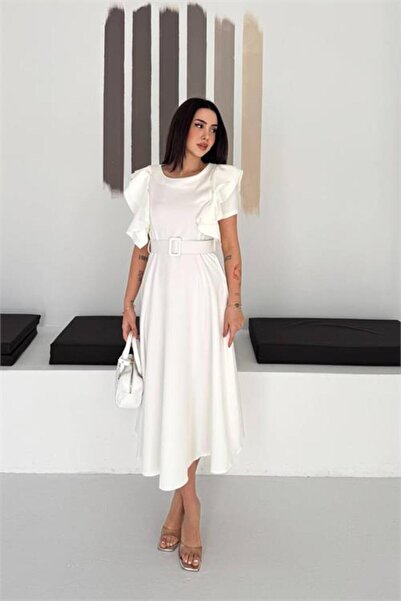 Neşeli Butik Women's White Belt Detail Sleeve Ruffle Midi Length Dress Nbk4559