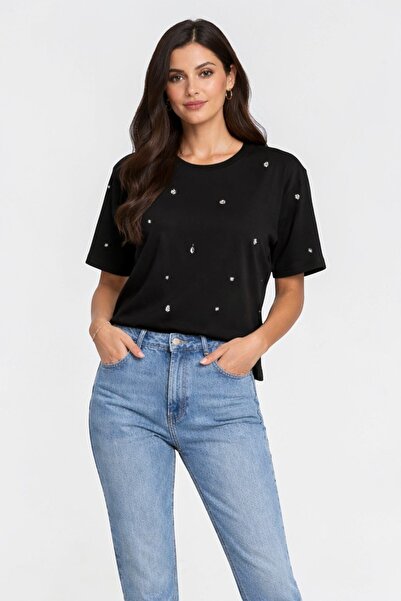 LE CARAMBOLE Women's Black Stone Detailed T-Shirt
