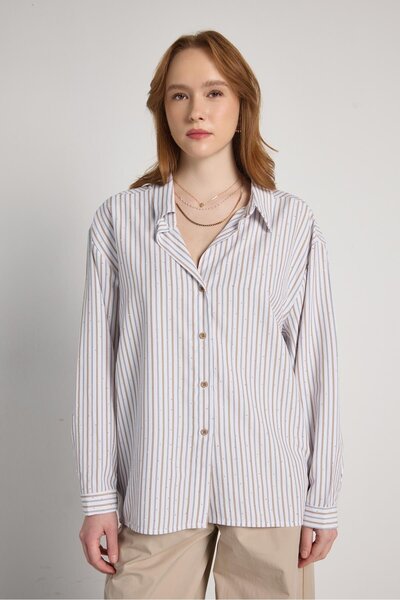 minaaise Women's Mink Striped and Stone Oversized Shirt 31050