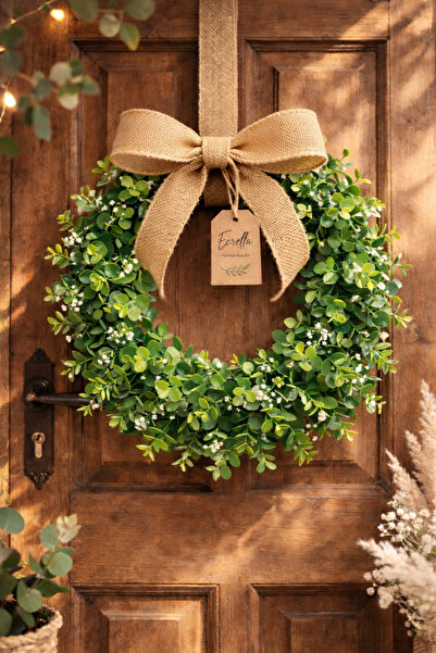 ecrella Okaliptus Kapı Süsü 30 cm | Jüt Fiyonklu Rustik Yeşil Çelenk | Modern...