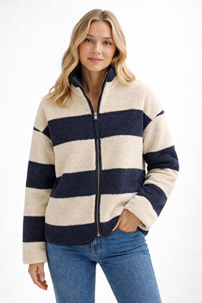 Sibel Günay Butik Γυναικείο φούτερ Navy Blue Cream με Ριγέ φερμουάρ Φλις