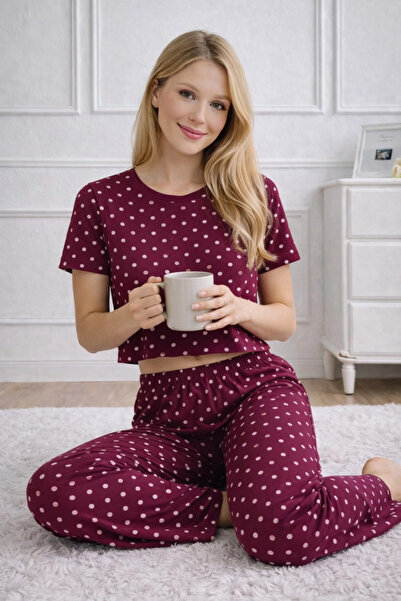 Cool & Sexy Γυναικείο Σετ Πιτζάμες Βουργουνδίας Πουά Με σχέδιο - Ρούχα για το...